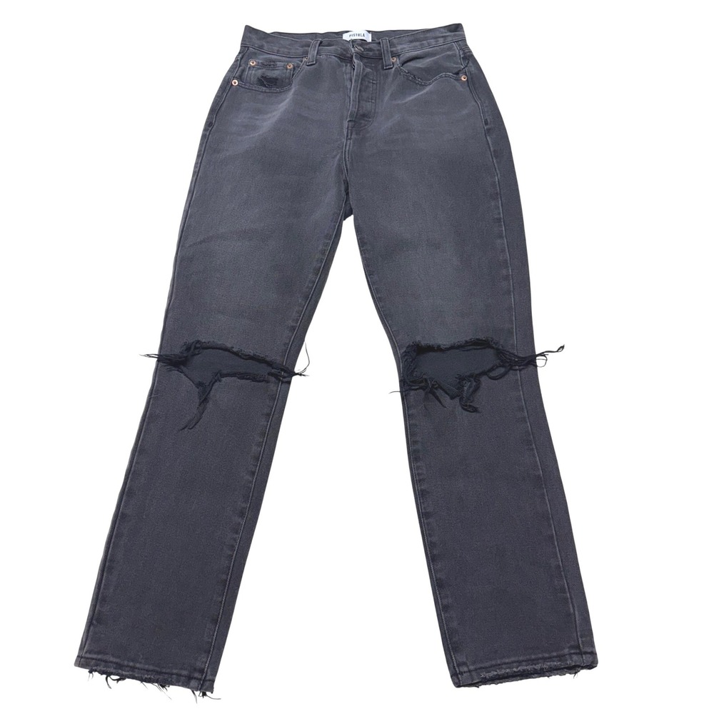 Pistola Charcoal Grey Distressed Knee Straight Leg Button Fly Jeans Size 27